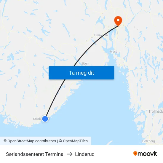 Sørlandssenteret Terminal to Linderud map
