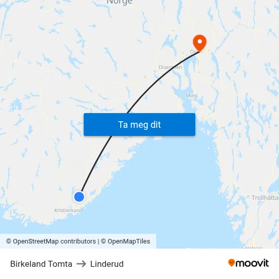 Birkeland Tomta to Linderud map