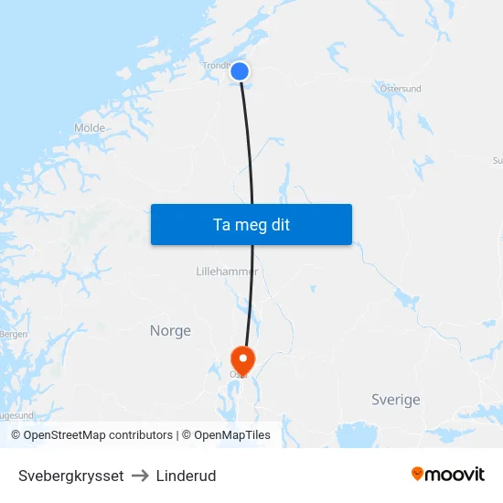 Svebergkrysset to Linderud map