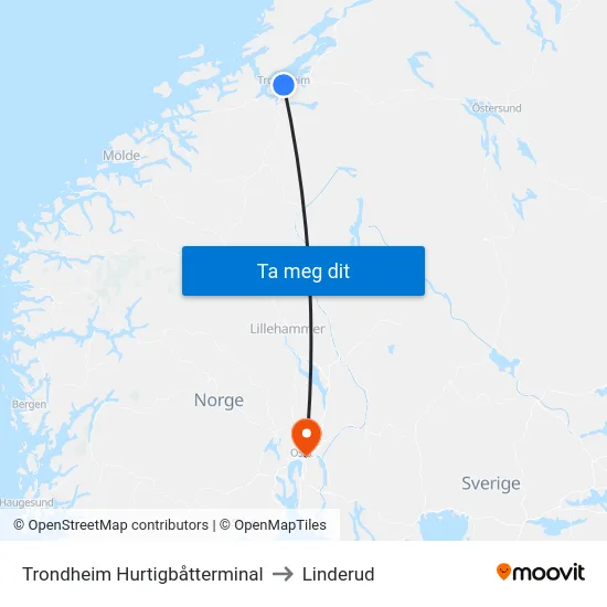 Trondheim Hurtigbåtterminal to Linderud map
