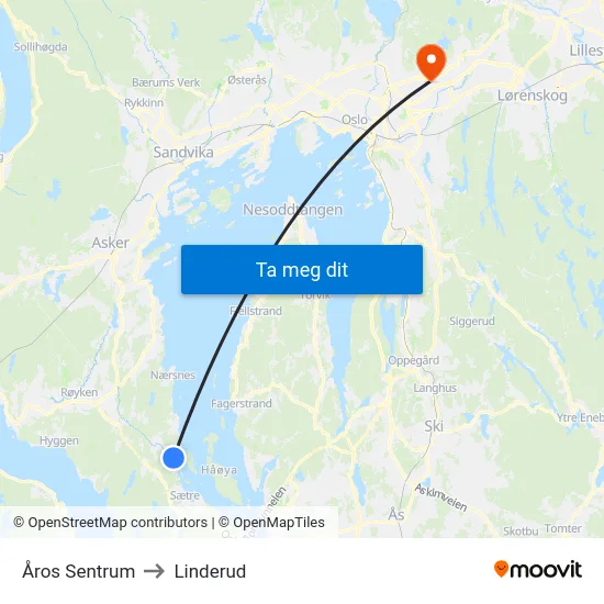 Åros Sentrum to Linderud map