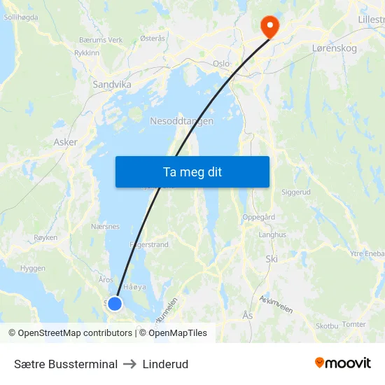 Sætre Bussterminal to Linderud map