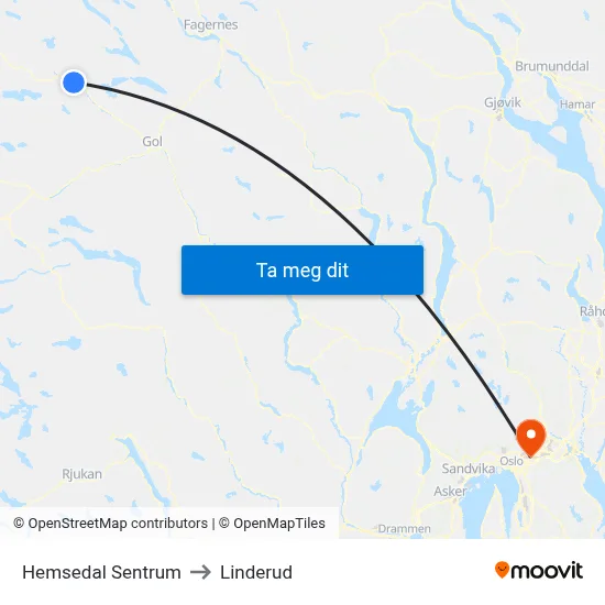 Hemsedal Sentrum to Linderud map