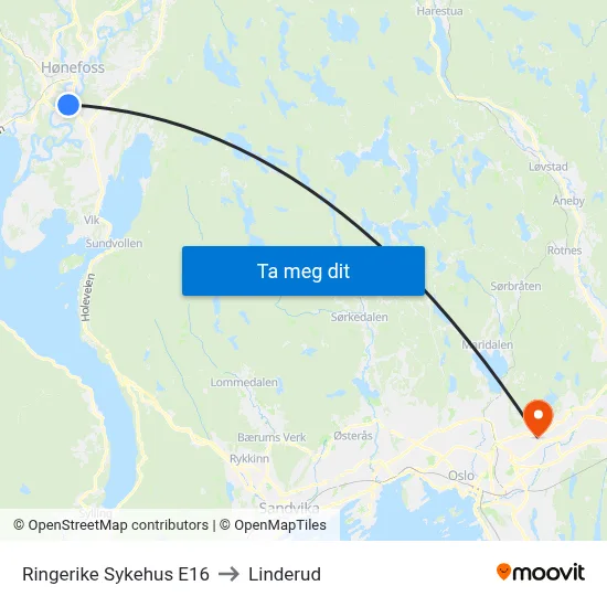 Ringerike Sykehus E16 to Linderud map