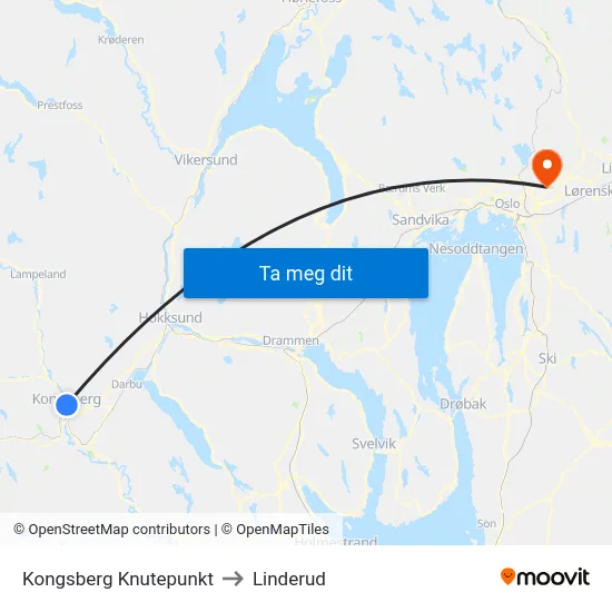 Kongsberg Knutepunkt to Linderud map