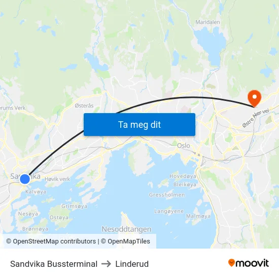 Sandvika Bussterminal to Linderud map