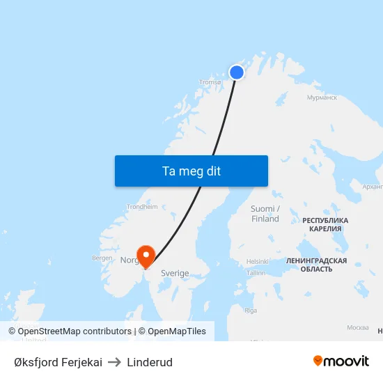 Øksfjord Ferjekai to Linderud map