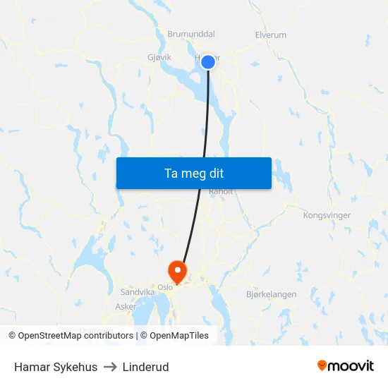 Hamar Sykehus to Linderud map