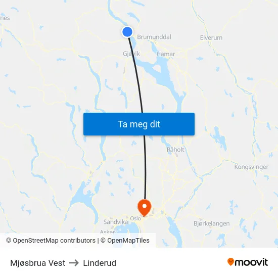 Mjøsbrua Vest to Linderud map