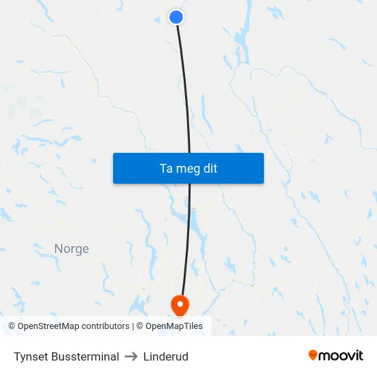 Tynset Bussterminal to Linderud map
