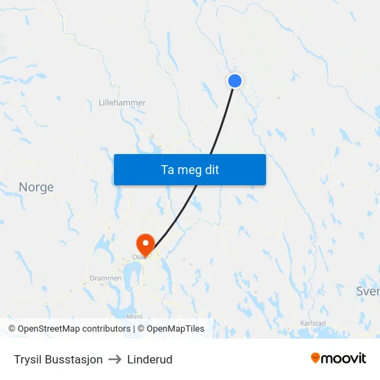 Trysil Busstasjon to Linderud map