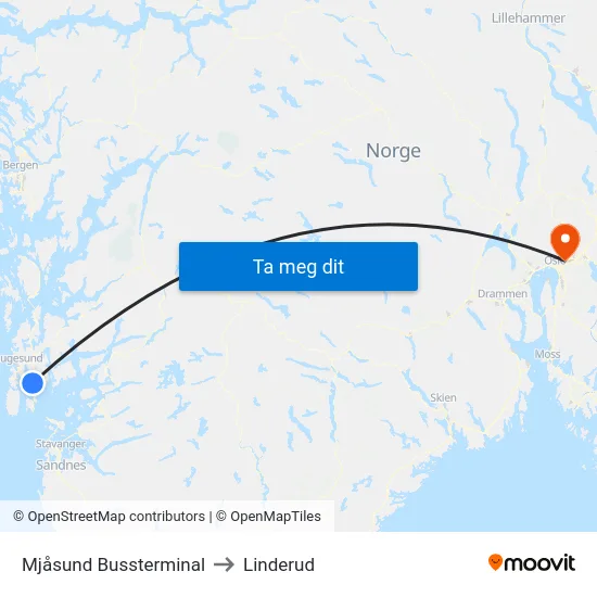 Mjåsund Bussterminal to Linderud map