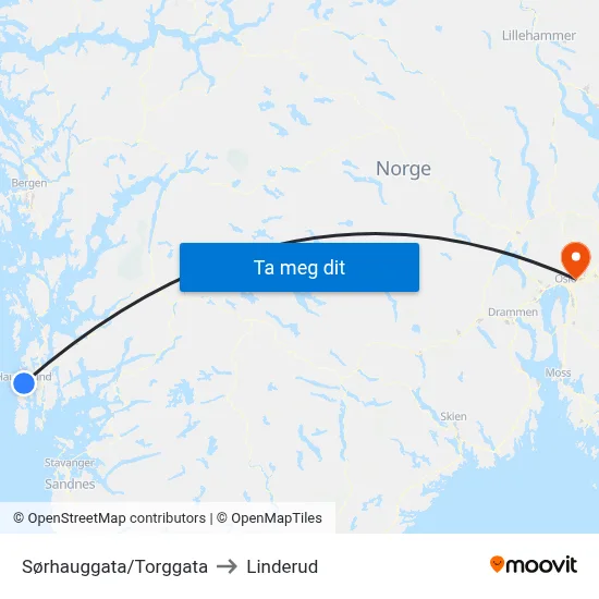 Sørhauggata/Torggata to Linderud map