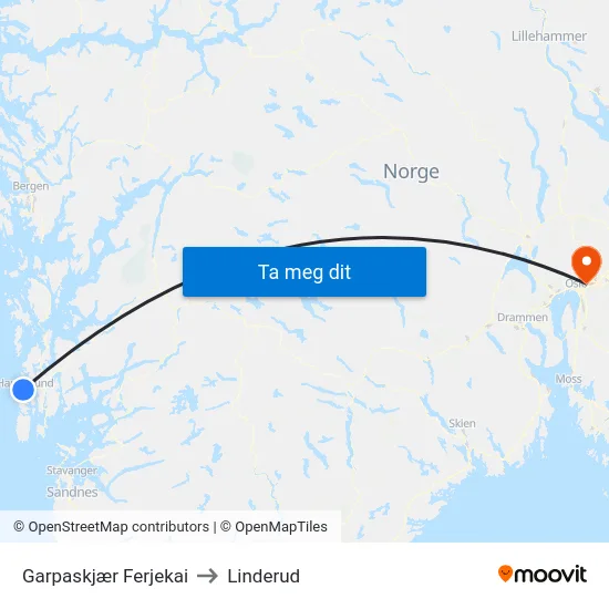 Garpaskjær Ferjekai to Linderud map