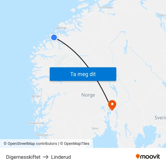 Digernesskiftet to Linderud map