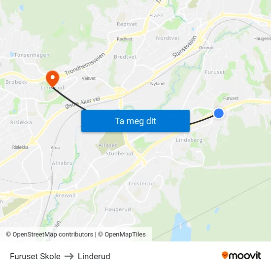 Furuset Skole to Linderud map
