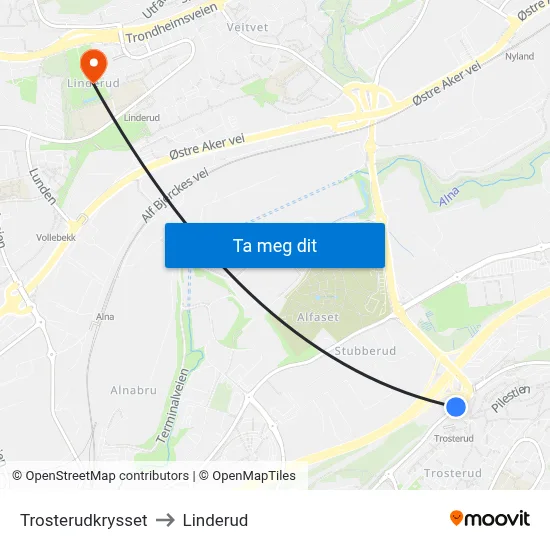 Trosterudkrysset to Linderud map