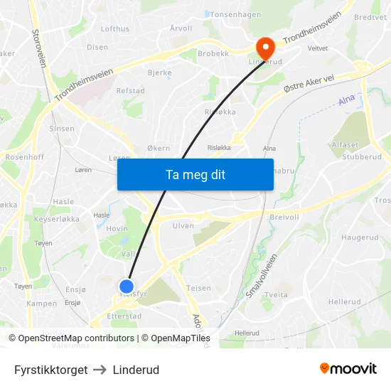 Fyrstikktorget to Linderud map
