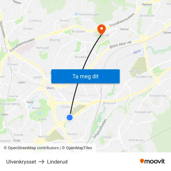 Ulvenkrysset to Linderud map