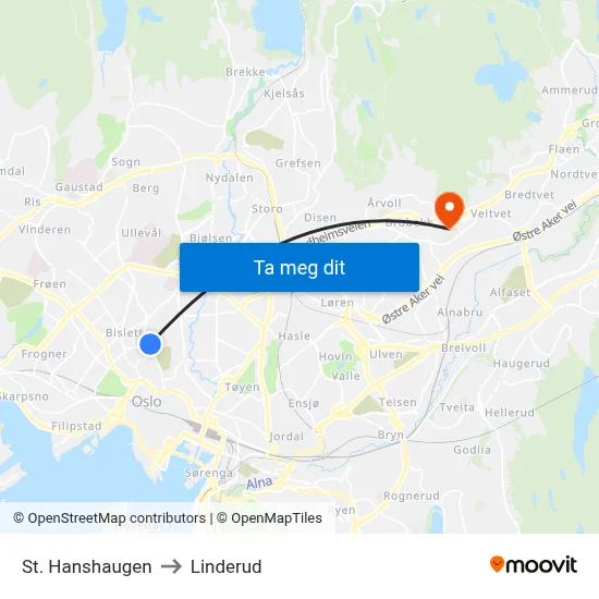 St. Hanshaugen to Linderud map