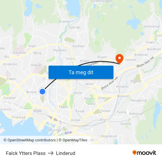 Falck Ytters Plass to Linderud map