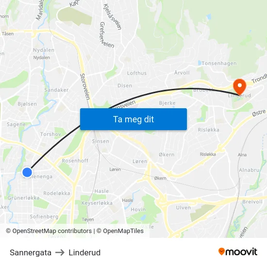 Sannergata to Linderud map