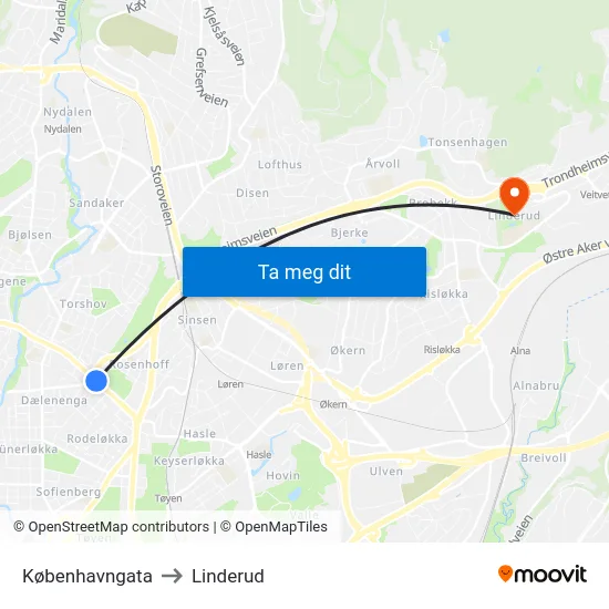 Københavngata to Linderud map