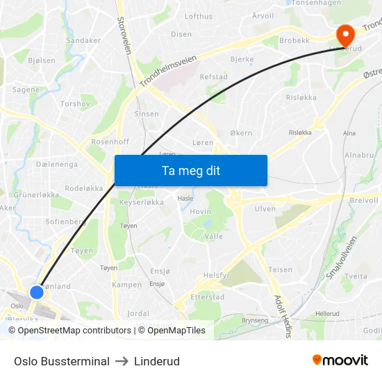 Oslo Bussterminal to Linderud map