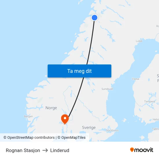 Rognan Stasjon to Linderud map