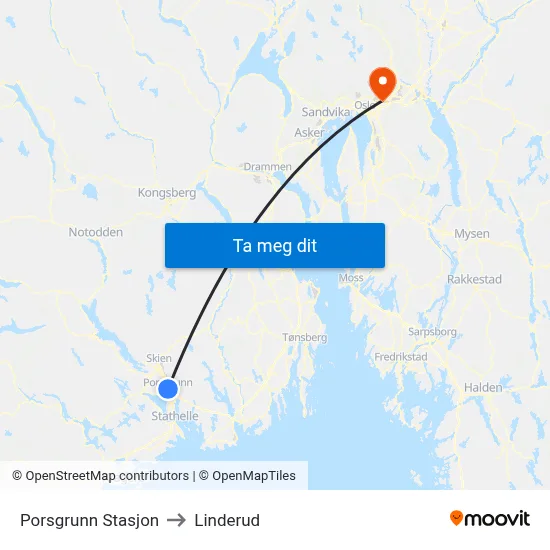 Porsgrunn Stasjon to Linderud map