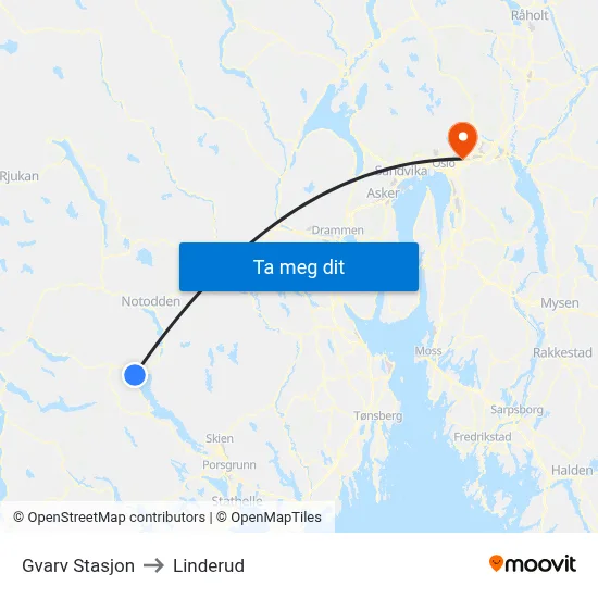 Gvarv Stasjon to Linderud map