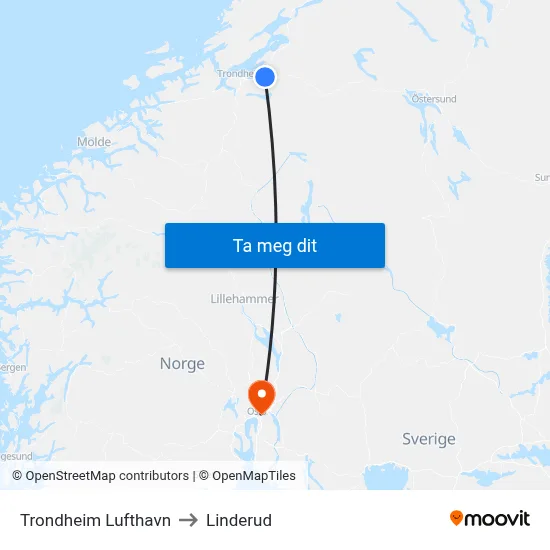 Trondheim Lufthavn to Linderud map