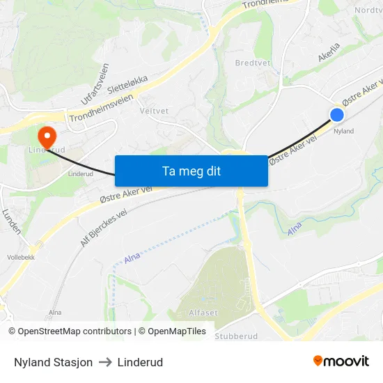 Nyland Stasjon to Linderud map