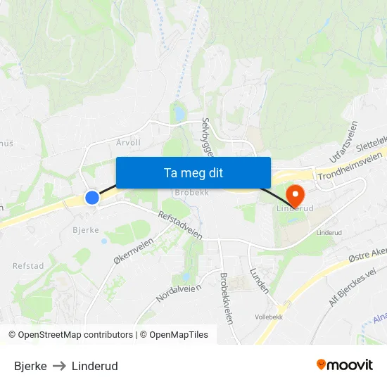 Bjerke to Linderud map