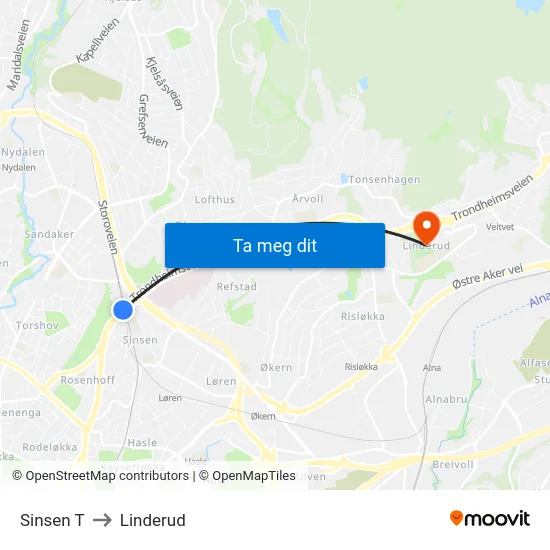 Sinsen T to Linderud map