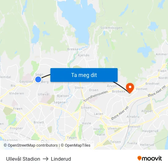 Ullevål Stadion to Linderud map