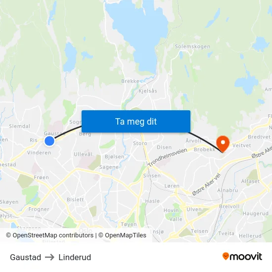Gaustad to Linderud map