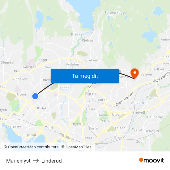 Marienlyst to Linderud map
