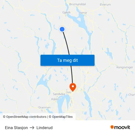 Eina Stasjon to Linderud map