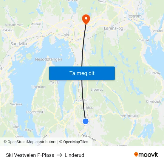 Ski Vestveien P-Plass to Linderud map
