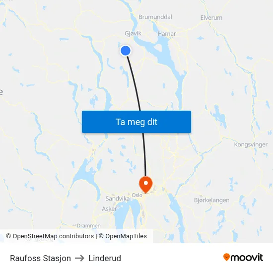 Raufoss Stasjon to Linderud map