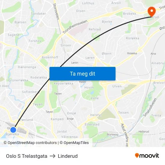 Oslo S Trelastgata to Linderud map