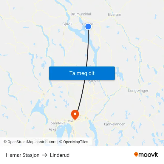 Hamar Stasjon to Linderud map