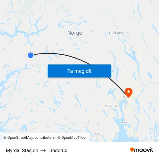 Myrdal Stasjon to Linderud map