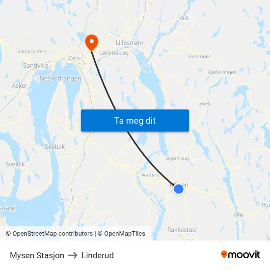 Mysen Stasjon to Linderud map