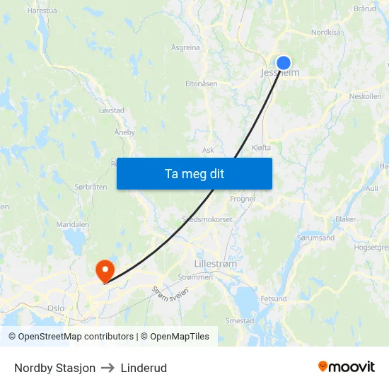 Nordby Stasjon to Linderud map