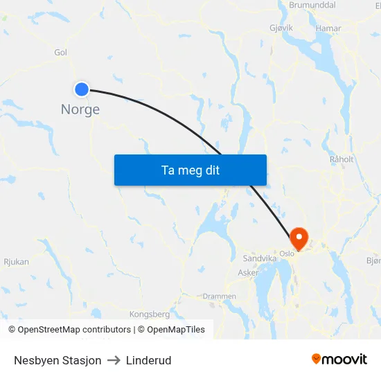 Nesbyen Stasjon to Linderud map