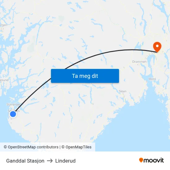 Ganddal Stasjon to Linderud map