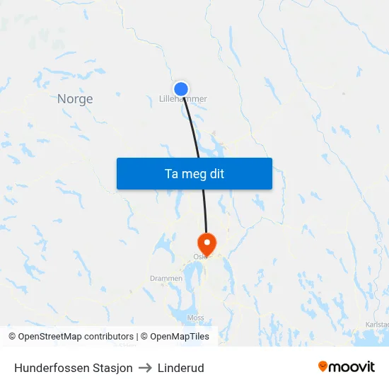 Hunderfossen Stasjon to Linderud map