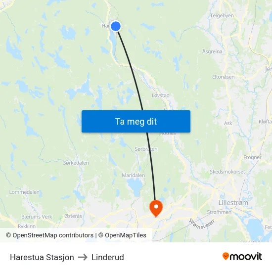 Harestua Stasjon to Linderud map